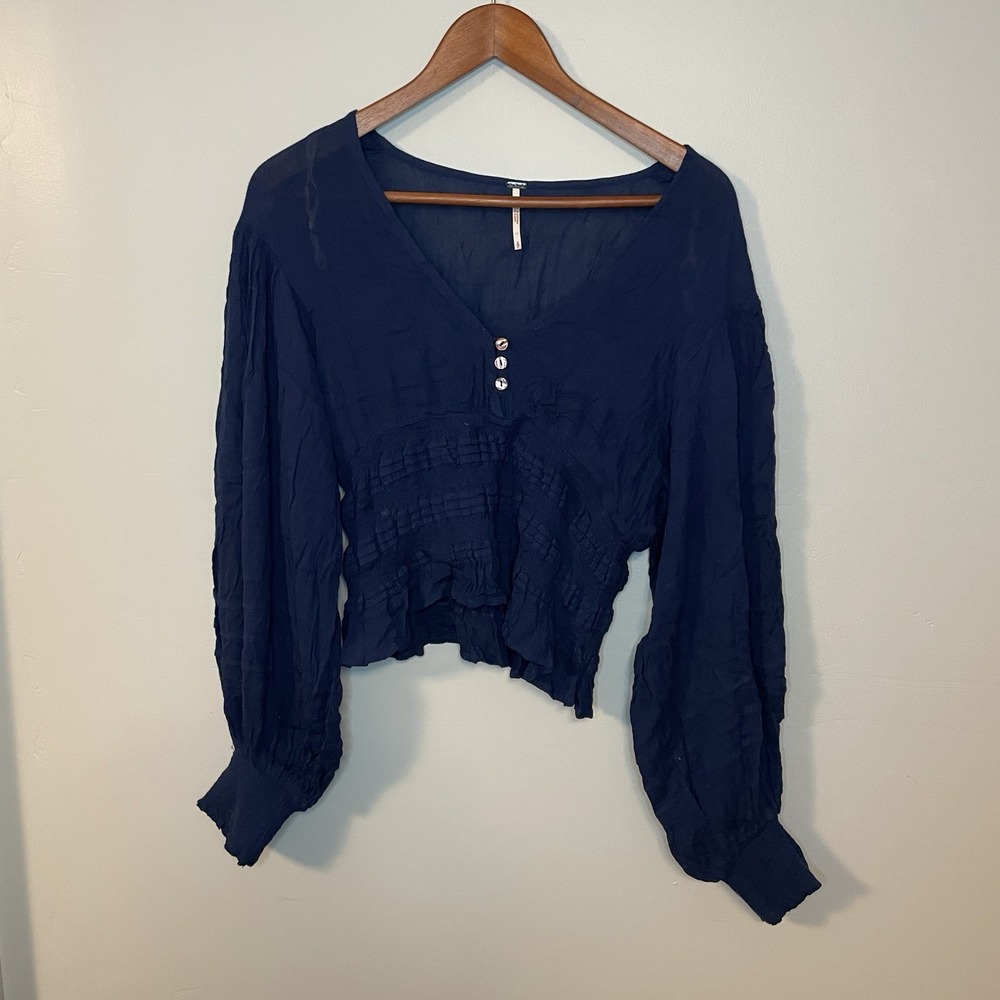Free People Ruched Puff‎ Long Sleeve Blouse Navy Women's Size Small